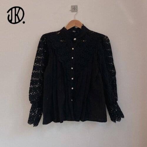 2021 Korean Ladies Pullover Spring/Summer Sexy Lace Stitching Woman Stand Collar Hollow Out Top Button Puff Long Sleeve Tops Tee