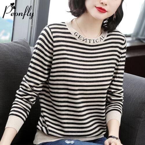 PEONFLY New 2020 Spring Long Sleeve Striped Letter Pullover Women Sweater Knitted Sweaters O Neck Tops Korean Pull Femme Jumper