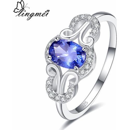 Lingmei Classic Wedding Engagement BrideJewelry Blue & Red & White Cubic Zircon Silver ColorWomen Ring Size 6 7 8 9 Gifts