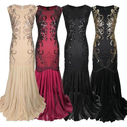 1920s Tulle Evening Dress Beaded Embroidery Retro Floor-length Chiffon Prom Gown O-neck Mermaid Great Gatsby Party Dress