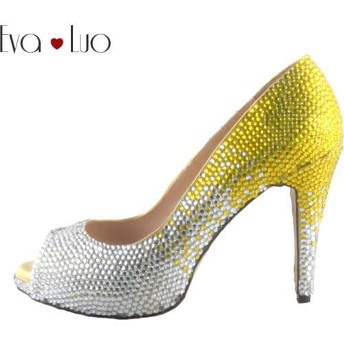 CHS683 Multicolor Peep Toe Yellow Crystal Dress Pumps Bridal Wedding Shoes High Heels Women Shoes Pumps Custom Made Big Size