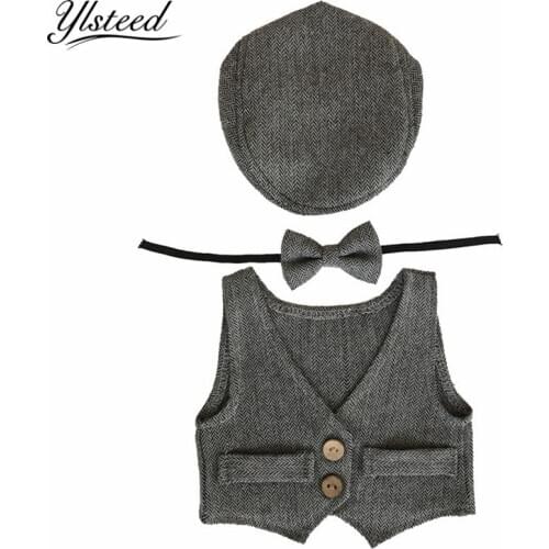 2018 Newborn Photography Costumes Baby Hat + Bow Tie + Vest Baby Boy Photo Props Gentlemen Beret Infant Photograpy Accessories