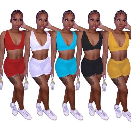Two Pieces Short Tracksuits for Women Sleeveless Deep V Neck Crop Tank Tops Tight Bodycon Mini Shorts Jogger Gym Solid Outfits