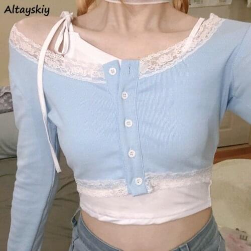 Sets Women Light-blue Tops Kawaii Sweet Long Sleeve Lace Patchwork Buttons Asymmetrical Fashion Girls Clothing Japanese Style