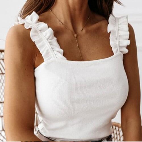 Summer Ruffles Patchwork Short Women Tanks Sleeveless Spaghetti Strap Skinny Female Tank Solid Casual Sexy Fashion Ladies Tops