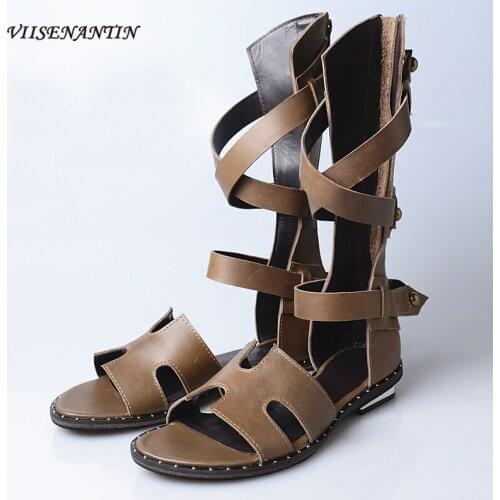 Summer Cowhide Flat-bottomed Rivet Casual All-match Ankle Ring Cross-wrapped Back Zipper Belt Buckle Open Toe Roman Sandals