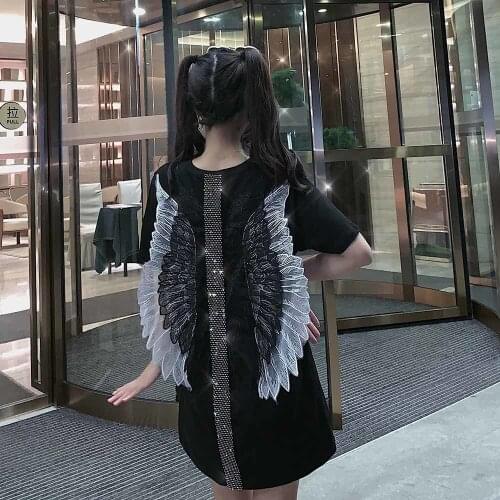 Mesh Wings Diamond Harajuku Summer Tshirt Black Gothic Fashion Design Girl T Shirt Shining Crystle Street Korean Fashion Top