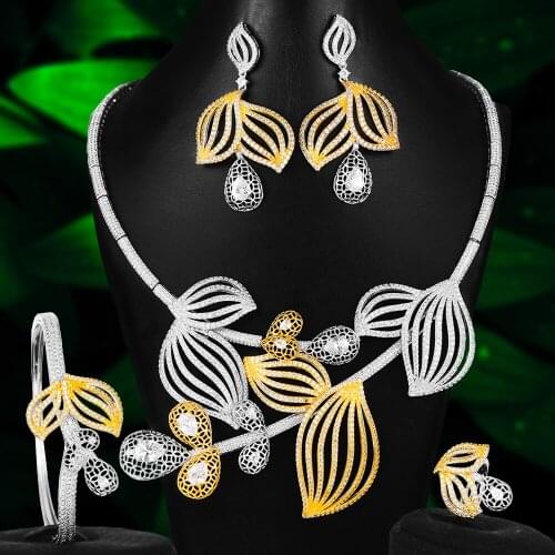 Missvikki African Nigerian Indian Dubai Refined Plant Earrings Necklace Bangle Open Ring Jewelry Set Women Bridal WeddingJewelry