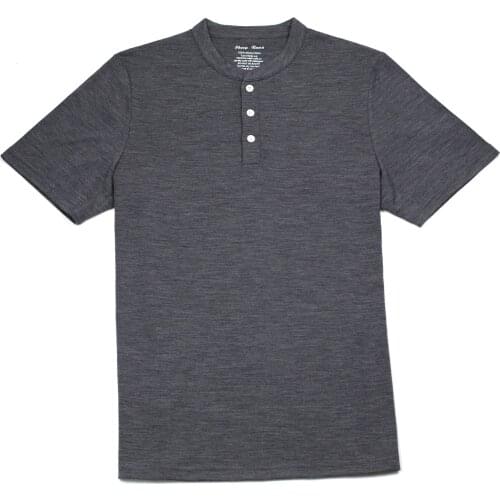 Mens 100% Australia Merino Wool Henry Shirt Short Sleeve, Mens Merino Wool Top Short Sleeve Henry Collar 200GSM Jersey