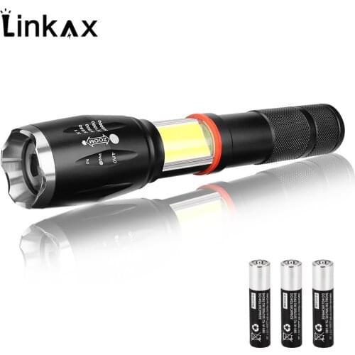 T6+COB LED Flashlight Zoomable 6 mode High Bright LED Portable Flash Light Lamp Torch By AAA Battery for Camping Fishing Hiking