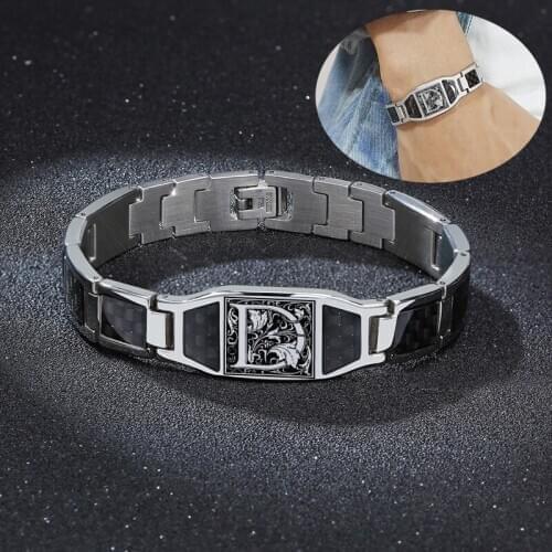 Unique Men Letter Bracelet Stainless Steel Hand Chain ID Bracelets Carbon Fiber Fashion Bangle Charm Jewelry