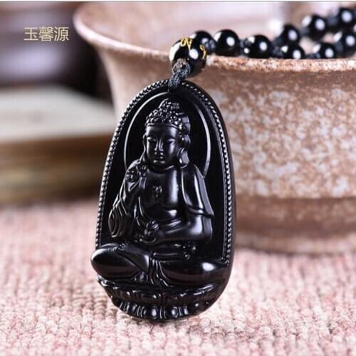 High Quality Natural Obsidian Carved Buddha Pendants&Necklace with Besds Line Amulet Brave Women and Men Gift