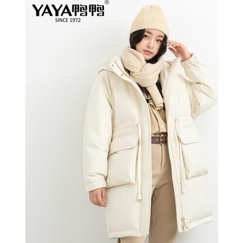 YAYA Womens Winter High Quality Long Down Jacket Same Style of Star Hooded Adjustable Waistband Big Pocket Windproof Parker