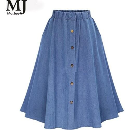 MaiJee 2017 New Summer Cotton Jeans Skirt Vadim Faldas Pleated Skirt Faldas Mujer Saias Na Altura Do Joelho Saia Plissada Denim