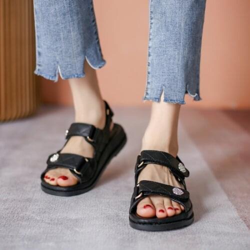 Female Summer Platform Sandals 2021 Thick Bottom Rhombus Lattice Flats Shoes Hook & Loop Open Toe Sandals Shoes Plus Size 43