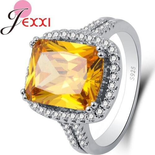 Solid 925 Sterling Silver Womens Wedding Rings Romantic Style Shining Yellow Crystal Stones Classic Jewelry For Female