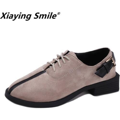 Xiaying Smile Women Pumps Shoes New Fashion Casual Shoes Female Retro Buckle Flock Shoes Women Suqare Heel Lace-Up Pumps Shoes