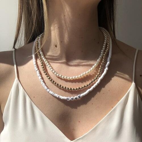 Boho 2021 Vintage Fashion Multilevel Choker Necklace For Women Collar Artificial Pearl White Beads English Alphabet Jewelry Gift