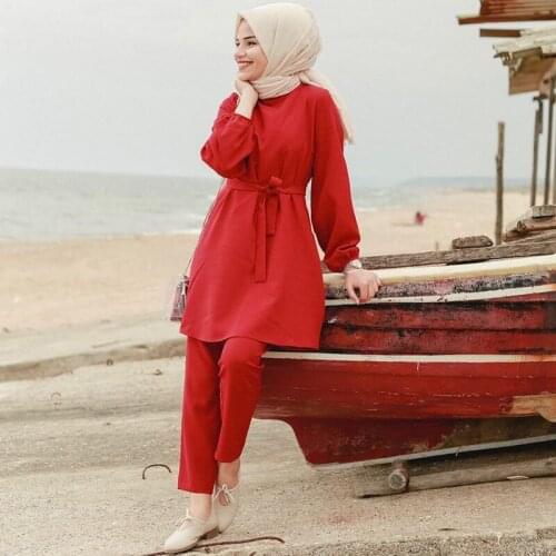 Muslim Abaya Dubai Two Piece Set Women 2021 Elegant Tops Pants Suit Long Sleeves Kaftan Islamic Clothing Fashion Styles Robe