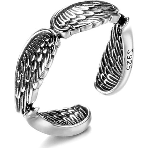 VENTFILLE 925 Sterling Silver Rings INS Fashion Vintage Couples Punk Creative Feather Wings Design Thai Silver Party Jewelry