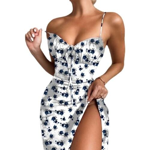 New Summer Womens Sexy Fashion Floral Lace Split Sling Dress Backless Midi Dress V-Neck Evening Party Dress for Women