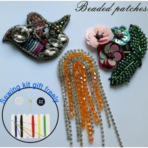 1pc handmade flower bird tassel beaded patches for clothing DIY rhinestone sequins Sew on patch embroidery applique parche ropa