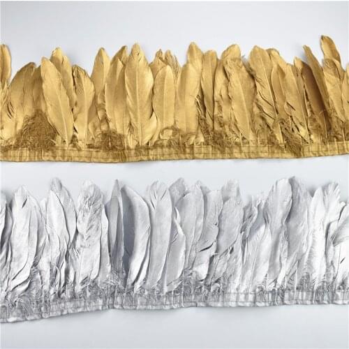 2Meters Gold Silver Goose Feathers on Tape Trims Ribbon Craft Feather Trim Clothes Wedding Accessories Carnival Decoration Decor