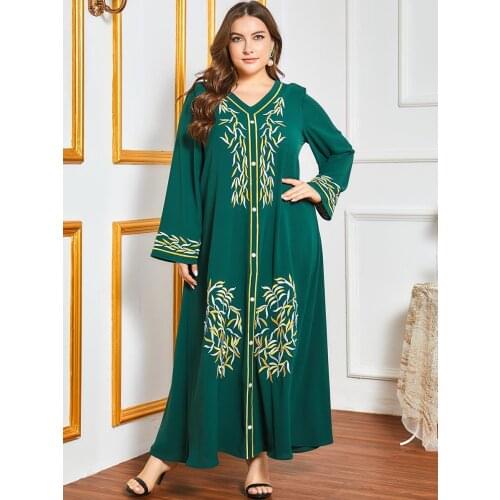 Aligaia Fashion Plus Size Embroidery Stripes Dress For Women 2021 Summer Dubai Turkey Arabic Muslim Dress Islam Clothing Dresses