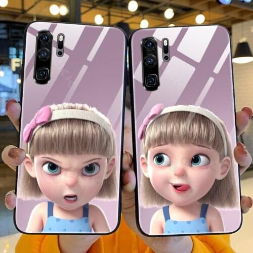 GKK Tempered Glass Cartoon Lovely Girl Case for Huawei P30 Mate 30 Pro Case Anti-knock Soft Edge Cover for Huawei P30 Mate30 Pro