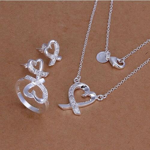 S204 Hot Free Shipping Silver Fine Jewelry Sets,Wholesale 925-Sterling-Silver Charms Fashion Inlaid Heart Ring Earrings Necklace