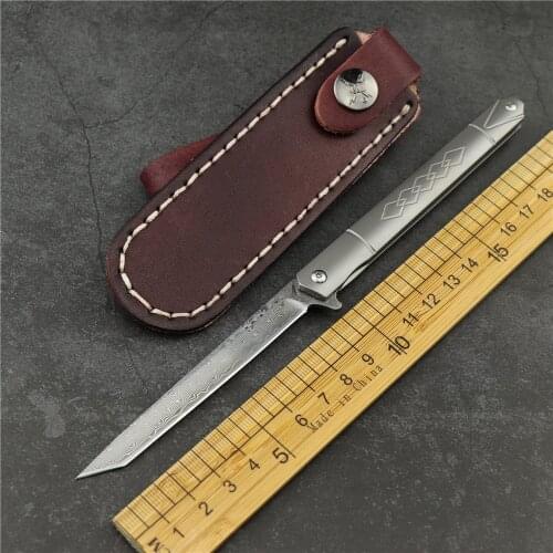 Vg10 steel core Damascus steel small pen folding knife TC4 titanium alloy handle outdoor camping tactical folding knife sharp ED