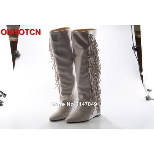 Fashion Women Fringe Suede Soft Leather Knee High Boots Patchwork Tassel Wedge White Boots Slip-On Botas Mujer Brand Shoes Woman