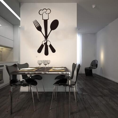 Cartoon Spoon fork Chef Wall Sticker Dinning Room Kitchen Tool Chef Cook Cooker Wall Decal Kitchen Vinyl Home Deco