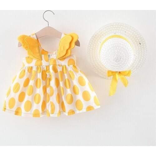 2020 Summer New Style Girls Dress Princess Korean Style Children Clothing 2pcs Set Wing Dot Girl Dress+sunhat Lovely Sundress