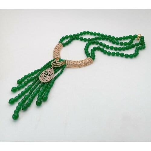 New style 2strands green stone tassel necklace micro inlay zircon accessories clasp long 50-53cm fashion jewelry