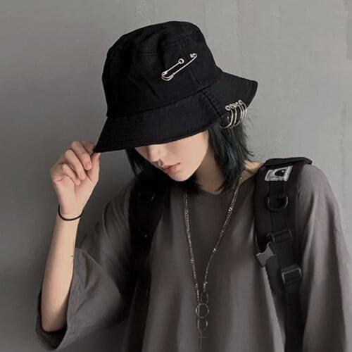 Solid Color Bucket Hat Iron Pin Rings Personality Hats for Women Men Cotton Fishermen Cap Spring Summer Unisex Panama Hat