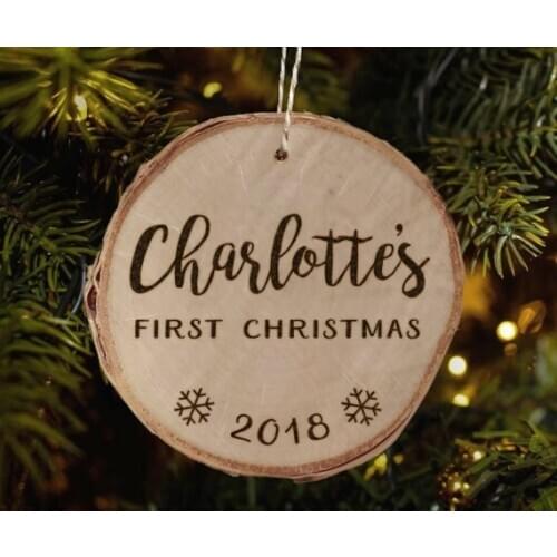 Perrsonalize any name or text Pregnancy Announcement Babys First Christmas door hanging Wood Burned Ornaments
