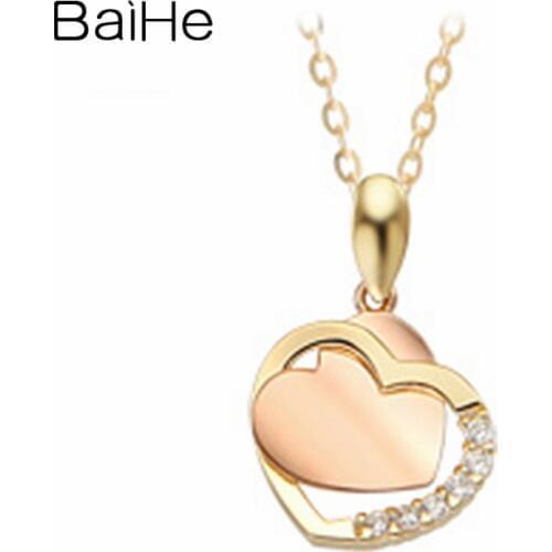BAIHE Solid 18K Yellow Rose Gold 0.05CT Round Natural Diamonds Women Engagement Gift Fine Jewelry Heart Diamond Necklaces