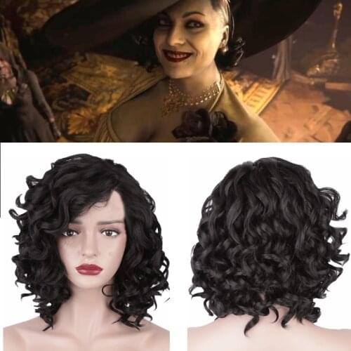 Anime Alcina Wigs Lady Dimitrescu Cosplay Wig Short Curly Hair Black Small Curly Gair Woman Girl European Vampire Wig Headgear