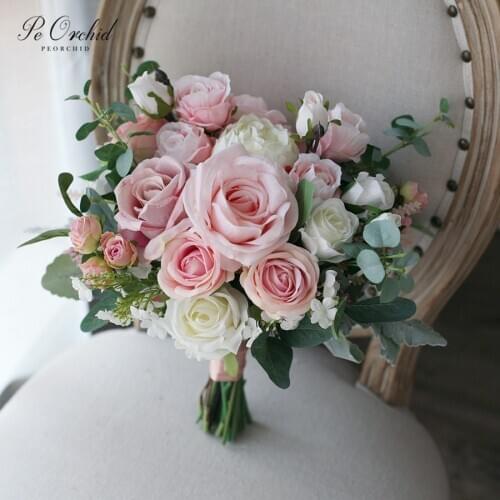 PEORCHID Vintage Morandi Pink Wedding Bouquet Rose Peony Fake Artificial Bridal flowers Bouquet Deco Mariage Ramo De Novia