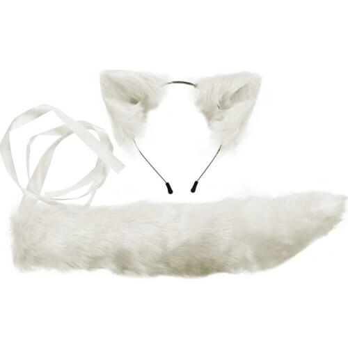 Adult Kids Simulation Plush Wolf Cat Ears Headband Bandana with Furry Long Tail Set Anime Cosplay Costume Props Halloween 094B
