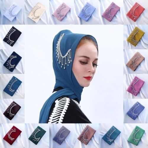 Simple Ladies Accessories Scarf Arabian Chiffon Wrapped Headscarf Design Style Muslim Female Hijab Tassels Rhinestone Shawls