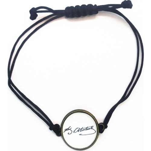 Ataturk Signed Adjustable Black Drawstring White Bracelet