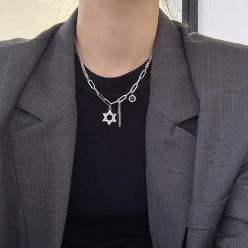 Retro Six Pointed Star Pendant Necklace For Women Handmade Tassel Clavicle Chain Choker Hip Hop Fashion Jewelry A828