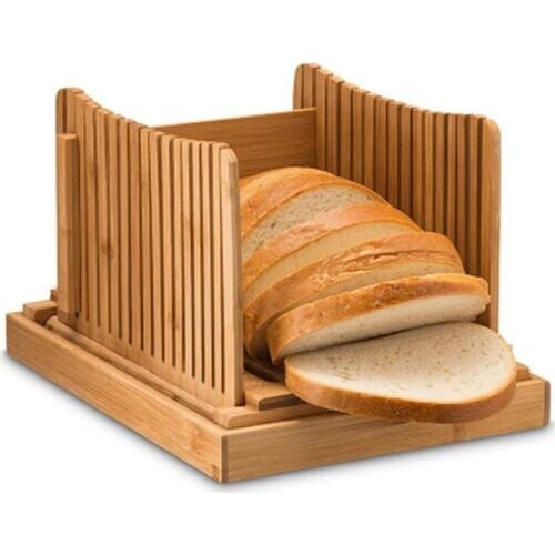 Natural Bamboo Bread Slicer With Crumb Tray Compact Bamboo Bread Cutter For Slicing Homemade Bread French Bread Baked Bread