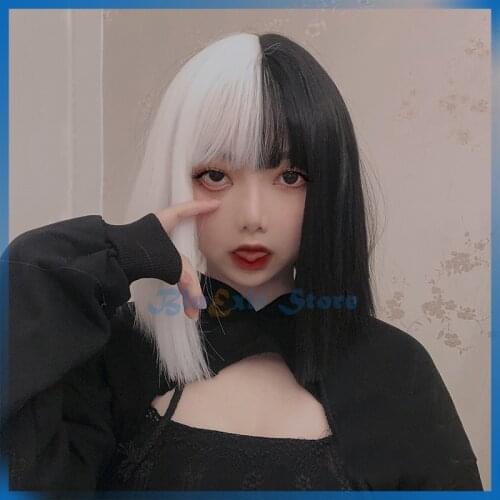 Mixed White Black Lolita Wig Harajuku Cool Long Straight Cute Sweet Synthetic Hair Fringe Bangs Adult Girls