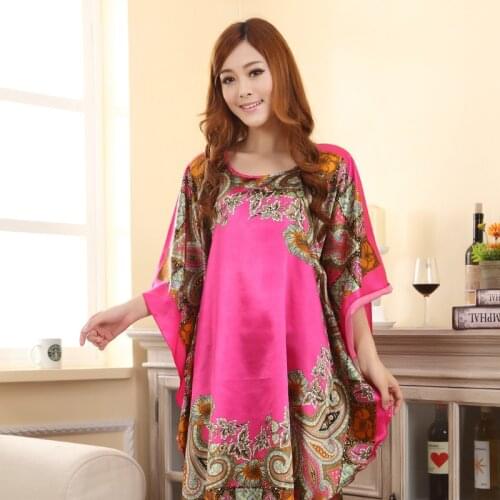 Hot Pink S- 6XL Female Faux Silk Bath Robe Gown Summer Lounge Looose Sleepwear Print Nightdress Women Sexy Nightgown