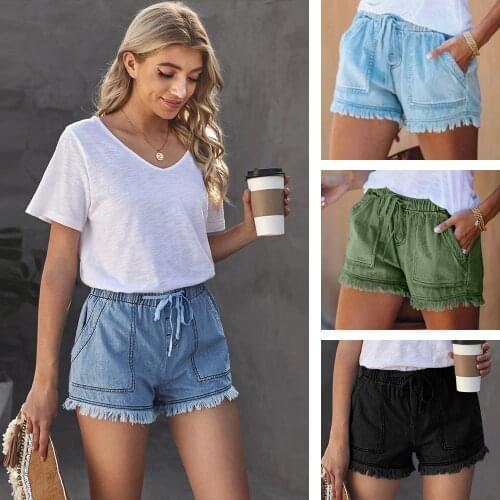 WomenS Solid Color Casual Jeans Shorts Drawstring Elastic Waist Shorts Frayed Hem Summer Daily Shorts With Pockets