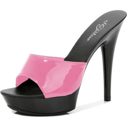 Women Slipper Fine Heel 13cm High Heels sandals femme 2020 Summer Slipper Platform Patent leather Pumps Sexy Stripper Sandalias