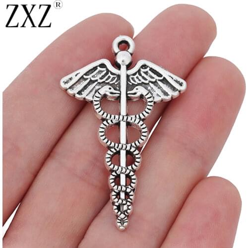 ZXZ 10pcs Tibetan Silver Caduceus Medical Symbol Charms Pendants for Jewelry Making Findings 49x31mm